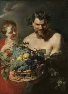 Een sater met een mand druiven en kweeperen en een nimf, door Peter Paul Rubens