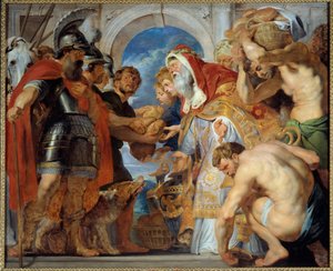 Abraham en Melchisedech. Terugkerend van een overwinning ontmoette Abraham Melchisedech, koning van Salem, die hem brood en wijn bracht. Hij was een priester en sprak deze zegen uit: