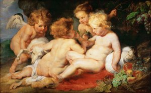 Christus en Johannes de Doper als kinderen met twee engelen
