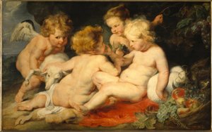 De kleine Jezus met de Johannesjongen en twee Engelen