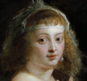 Detail van Helene Fourment in een bontjas door Peter Paul Rubens