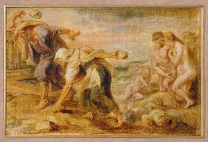 Deucalion en Pyrrha, scheppers van de mensheid na de eerste zondvloed (schilderij op hout)