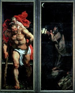 St. Christoffel en de kluizenaar, buitenluiken van de Kruisafneming drieluik, 1611-14 door Peter Paul Rubens