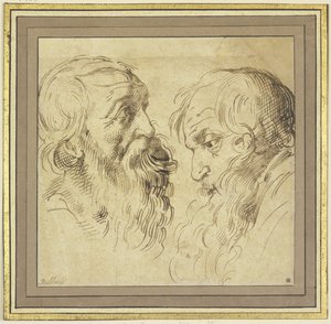 Studieblad: twee bebaarde hoofden in profiel, naar rechts en naar links door Peter Paul Rubens