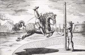 Een Paard en Capriole uit Nieuw Verhandeling voor het Fokken van Paarden geschreven door Winters, Stuterey en Reit-Schul, gegraveerd door de kunstenaar, uitgegeven 1672