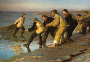 Vissers trekken netten op het strand van Skagen