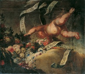 Putto met Bloemen, Vruchten en Spreukband