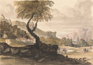 Heuvelachtig Tafereel met Dorp en Ruiter