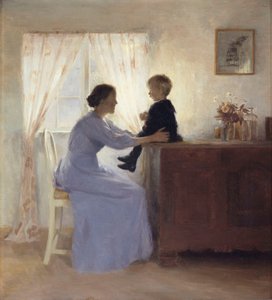 Een moeder en kind in een interieur