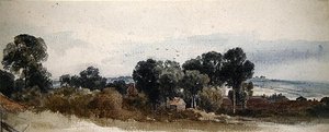 Een boslandschap met huisjes door Peter de Wint