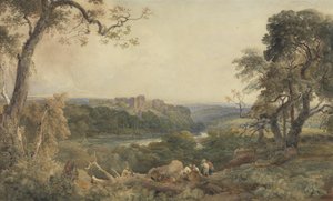 Kasteel boven een rivier, houthakkers op de voorgrond door Peter de Wint