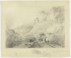 Figuren en paardenkar in landschap met kliffen