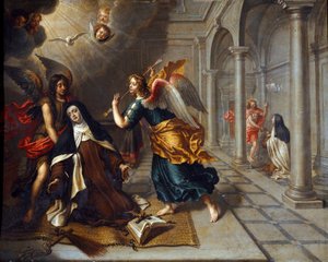 Sint Theresia van Avila (van het kind Jezus) (1515-1582) ontmoet de engel die haar hart doorboort met zijn gouden pijl door Peter van Lint