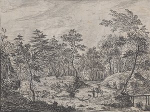 Boslandschap met een Ruiter die met een Man in het Midden Praat, een Voetbrug Rechts door Peter von Bemmel