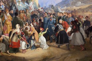 De intocht van koning Othon I van Griekenland in Athene, verwelkomd door de menigte voor de tempel van Hephaistos door Peter von Hess
