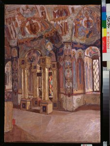 Het interieur van de kerk van Sint Jan de Evangelist in Rostov (Rusland). Werk van Pyotr Ivanovich Petrovichev (Piotr Petrovitchev) (1874-1947), olie op karton