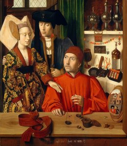 Goudsmid in zijn winkel door Petrus Christus