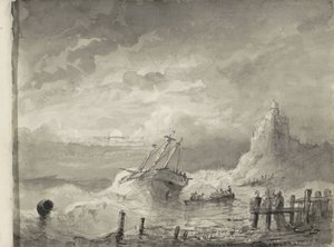 Schip in nood voor een kust door Petrus Johannes Schotel (circle of)