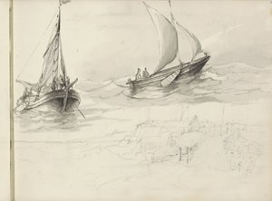 Twee zeilschepen met figuren op zee