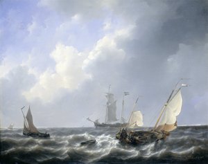 Zeegezicht vanaf de Zeeuwse wateren, nabij het eiland Schouwen door Petrus Johannes Schotel