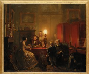Een familie verzameld rond een verlichte tafel, 1854 door Petrus Kiers
