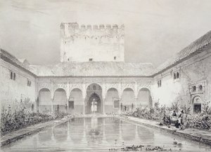 Zwembad en fontein in de binnenplaats van de Alberca, Alhambra, Plaat 21 uit 