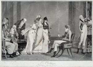 De sinaasappel of het moderne oordeel van Parijs Parodie op het oordeel van Parijs met een jonge man in de mode van het Directoire (Incredible) die moet kiezen tussen drie Wonderbaarlijke. Prenten door Philibert Louis Debucourt (1755-1832) rond 1800 door Philibert Louis Debucourt