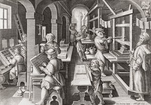Een Europese drukkerij circa 1590 (gravure)