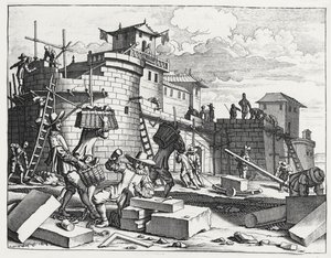 Portugese krijgsgevangenen bouwen een fort bij Kandy (gravure) door Philip Baldaeus