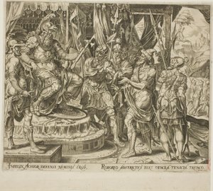 Achior pleit bij Holofernes voor de Israëlieten, plaat één uit Het verhaal van Judith en Holofernes