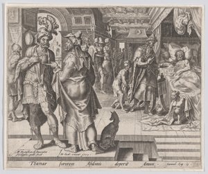 Jonadab adviseert Amnon, uit Het verhaal van Tamar en Amnon, plaat 1 door Philip Galle