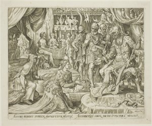 Judith gepresenteerd aan Holofernes, plaat vijf uit Het verhaal van Judith en Holofernes door Philip Galle