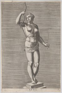 Plaat 7: Diana, standbeeld van de naakte godin staand op een sokkel, met een halve maan in..., 1586