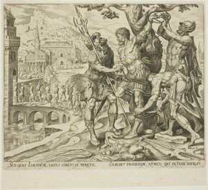 De Israëlieten vinden Achior vastgebonden aan een boom, plaat twee uit Het verhaal van Judith en Holofernes