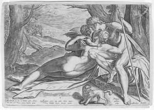 Venus en Adonis, uit de serie Het verhaal van Adonis, ca. 1579 door Philip Galle