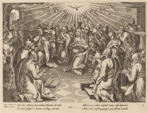 Pinksteren door Philip Galle after Jan van der Straet