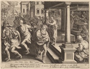Sint Paulus verdrijft kwade geesten door Philip Galle after Jan van der Straet