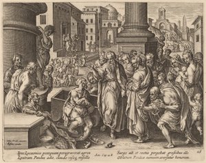 Sint Paulus geneest de lamme man in Lystra door Philip Galle after Jan van der Straet