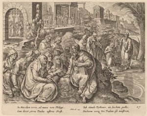 Sint Paulus spreekt tot de vrouwen van Filippi bij een rivier door Philip Galle after Jan van der Straet