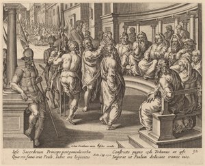 Sint Paulus voor de hogepriester door Philip Galle after Jan van der Straet