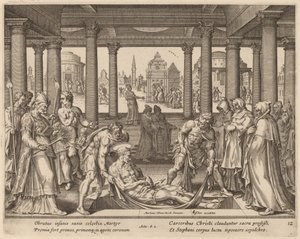 Vrome Mannen die Sint Stefanus naar Zijn Begrafenis Dragen door Philip Galle after Maerten van Heemskerck