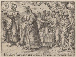 Eer, pracht, Parasiti, Fama (De bedrieglijke effecten van rijkdom) door Philip Galle, after Maerten van Heemskerck
