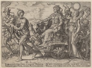 Gevaren en ondeugden die rijkdom vergezellen door Philip Galle, after Maerten van Heemskerck