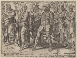 Pythius, Lucullus, Crassus, Sylla, Croesus, Midas (Beruchte Voorbeelden van Rijkdom uit de Oudheid) door Philip Galle, after Maerten van Heemskerck