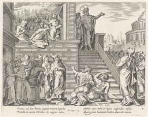 Sint Petrus spreekt tot het volk over Christus door Philip Galle after Maerten van Heemskerck