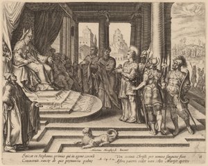 Sint Stefanus voor de Raad door Philip Galle after Maerten van Heemskerck