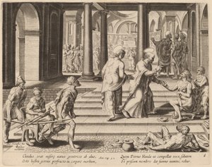 Heiligen Petrus en Johannes Genezen een Kreupele bij de Poort van de Tempel door Philip Galle after Maerten van Heemskerck