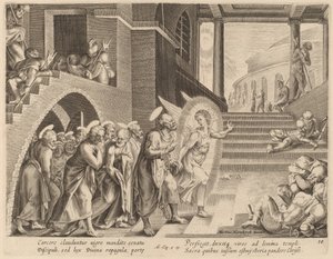De apostelen bevrijd uit de gevangenis door een engel door Philip Galle after Maerten van Heemskerck