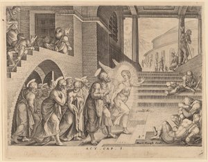 De Apostelen Bevrijd uit de Gevangenis door een Engel door Philip Galle after Maerten van Heemskerck