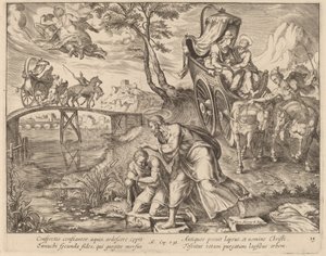De doop van de eunuch door Sint Filippus door Philip Galle after Maerten van Heemskerck